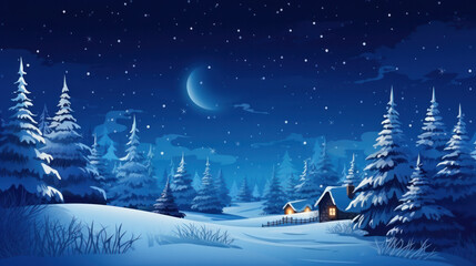 Stars above Winter landscape and small house. Mystical night. Forests