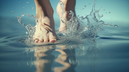 Close up of feet walking on a puddle of clean water - Powered by Adobe