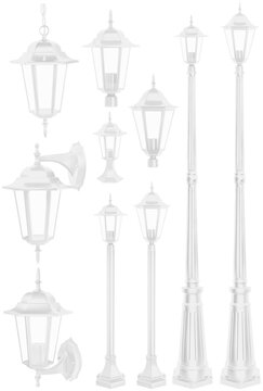 set of white classic street light isolated