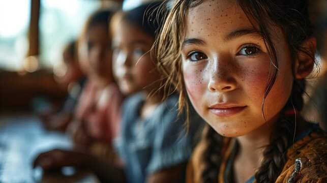 A Group Of Children Sitting In A Line