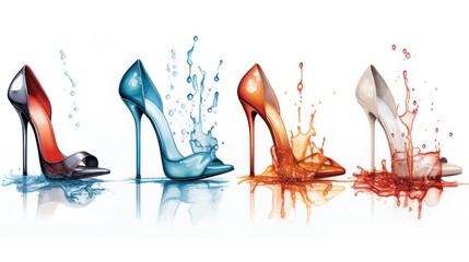 High heels splash water colorful white background - obrazy, fototapety, plakaty
