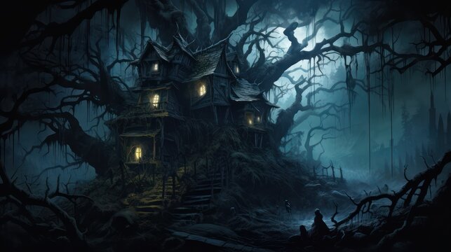 Creepy ghost tree house in the dark, Halloween themed photo illustration.