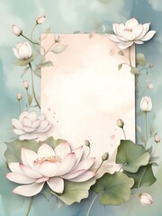 watercolor illustration of a large space for a note with small white and colorful lotus flowers on the left side on a soft pastel background with a hint of floral pattern.