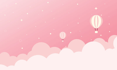 Cute kawaii pink gradient cartoon background design with balloon and clouds