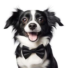 Fototapeta premium Happy smiling dog wearing a black bow, closeup on white background 