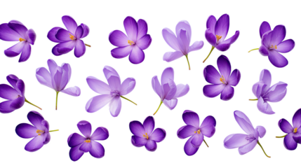 Purple crocus flowers isolated on a white background. Flat lay, top view