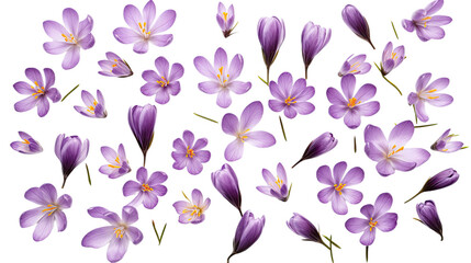 Fototapeta na wymiar Purple crocus flowers isolated on a white background. Flat lay, top view
