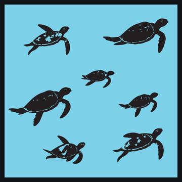 Turtles Silhouette Underwater set, vector set of sea turtles