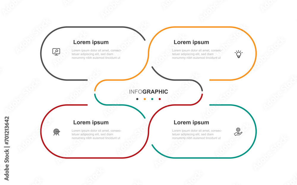 Poster 4 step process line connection shape vector infographic element with icons for presentation and business information 