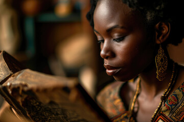 A woman immersed in reading historical literature, surrounded by symbols of African culture