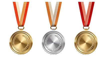 Set of award golden, silver and bronze blank medals isolated on transparent a white background - obrazy, fototapety, plakaty