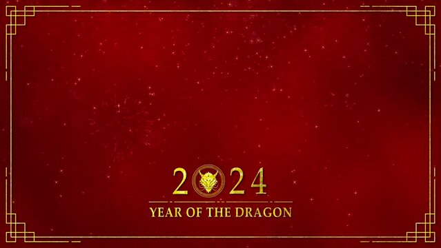 Motion graphic of Golden dragon logo with chinese new year and year of the Dragon 2024 on dark red background and glitter particle in a happy new year concept seamless loop video