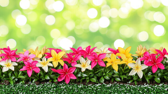 Spring background. Spring tropical flowers in a sunny garden.