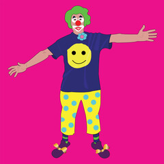 Clown in makeup with a smile and a red nose. The comedian stands on two legs wearing pants with circles. The jester is wearing a T-shirt with an emotion written on it.