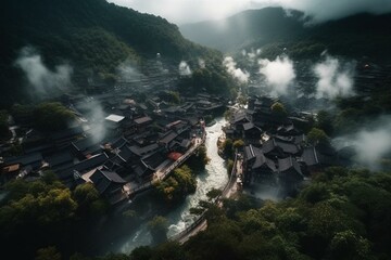 An aerial town surrounded by clouds, waterfalls, and vegetation. Generative AI
