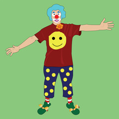 Clown in makeup with a smile and a red nose. The comedian stands on two legs wearing pants with circles. The jester is wearing a T-shirt with an emotion written on it.
