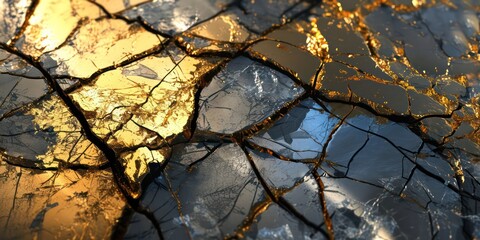 Abstract Background cracked and damaged Gold and silver colored Glass Texture