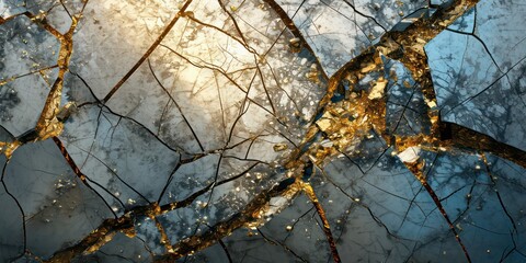 Abstract Background cracked and damaged Gold and silver colored Glass Texture