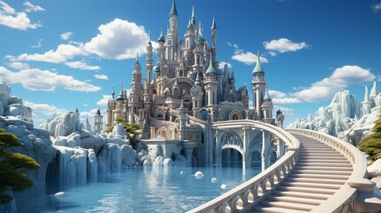 A beautiful architectural castle with large steps on the stairs surrounded by ice and water under a clear sky.