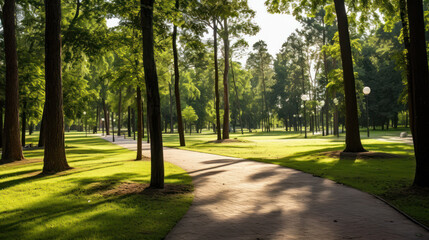 Nice green forest landscape, park with road