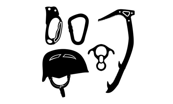 rock climbing gear and tools black silhouettes set