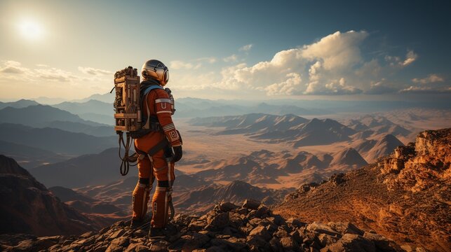 an astronaut in front of Mars.