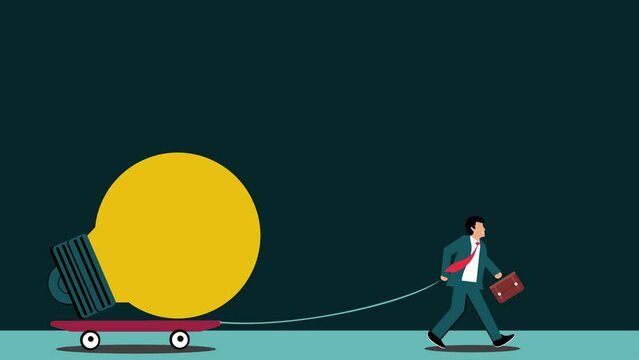 Animated llustration cartoon character of businessman pulling a trolley with a big lamp. Suitable to place on content about business inspiration, etc. Horizontal video with copy space area for text
