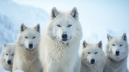 a family of wolves on a snowy tundra - obrazy, fototapety, plakaty