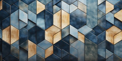 Geometric background featuring an intricate wall edging pattern. It draws inspiration from glazed surfaces and boasts a rustic texture, with a color palette ranging from cream to dark blue. - obrazy, fototapety, plakaty