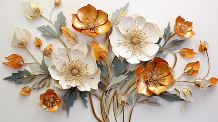 Bouquet of golden flowers. Beautiful, minimalistic print for your decor for postcard, congratulations and poster. - obrazy, fototapety, plakaty