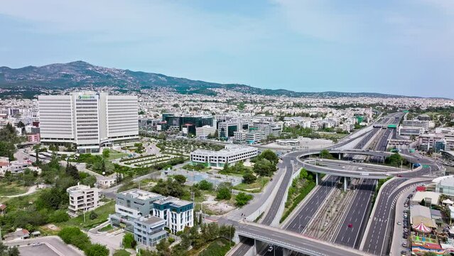 Aerial view of OTE Headquarters, Telecommunications service provider in Athens. View from above largest technology company in Greece.