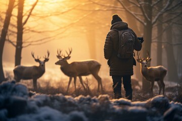 Photographer taking photo of wildlife, man with camera and deers in the nature