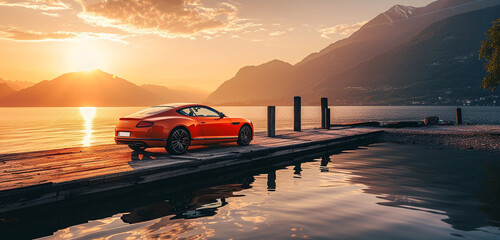 A sunburst orange luxury coupe, parked on a serene lakeside pier with reflections of distant mountains in the calm water. 8k, - obrazy, fototapety, plakaty