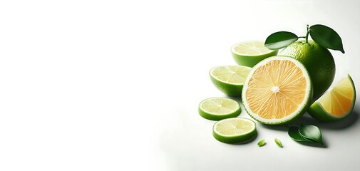 Lime fruits with green leaf and cut in half slice isolated on white background top view flat lay with copy space