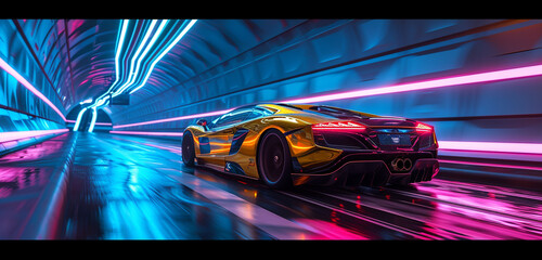 A two-tone gold and black luxury coupe, cruising through a neon-lit tunnel in a cyberpunk-inspired cityscape. 8k,