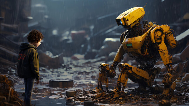 A boy with his small yellow robot exploring a trash dump. Theyre having fun in this cyberpunk future. photo realisitic 