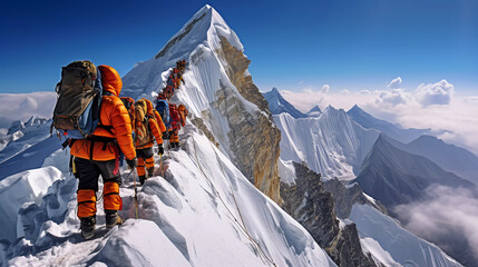 a group of people on the way to the peak of mount everest with full equipment 