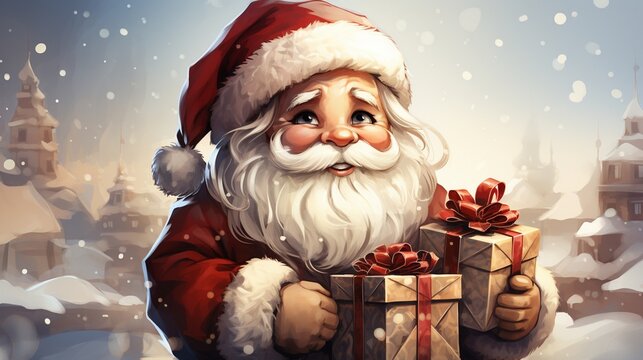 Cartoon character santa claus with gift box. Greeting card Merry christmas and new year.