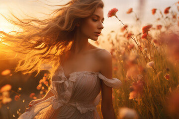 Beautiful britesh woman in a field of flowers