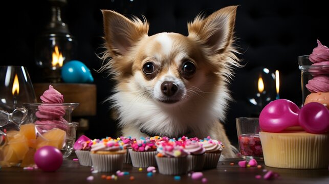 chihuahua dog with birthday cake.