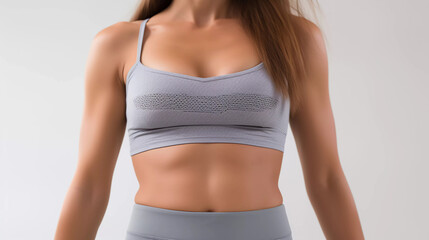 Close up unrecognizable fit woman's body with fitenss clothes isolated on white background. Torso of slim woman with flat stomach. Wellness and sport concept. Copy space for text 