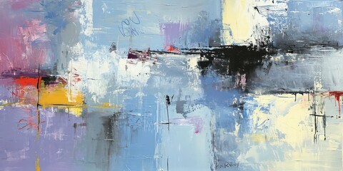 Abstract oil paint soft blues and greys with hints yellow, and red.  lines intersect and overlap, creating a sense of depth and layering within the composition.