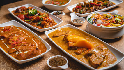 A table set of delicious-looking Indian meals with all the flavors and textures. Stir fry and noodles with vegetables and meat, tofu and chicken with creamy sauce, dishes with spices, and curry sauce.