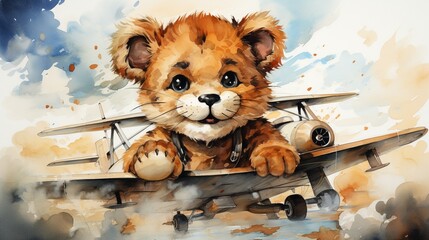 cute baby lion in a plane flying in the sky painted in watercolor on a white isolated background. - obrazy, fototapety, plakaty