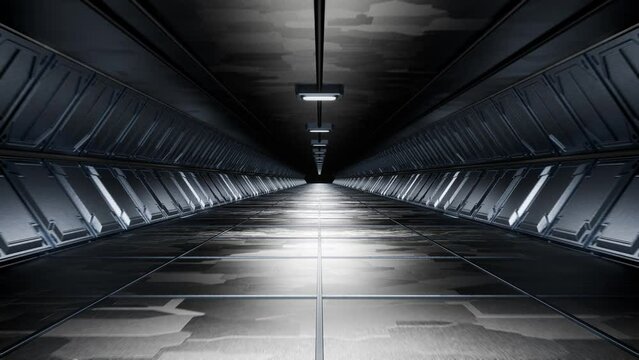 Camera movement along a spaceship corridor. Seamless camera movement in a futuristic corridor.