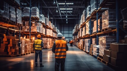 Unrecognizable people working in store warehouses checking stock full of cardboard boxes on shelves, foreman workers teamwork wearing hard hats standing in storage cargo or factory with safety vest
