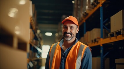Businessman, labor, worker, supervisor, foreman people wearing safety hard hat and vest working in warehouse full of cardboard boxes on shelves, logistic cargo manufacturing occupation for man - obrazy, fototapety, plakaty