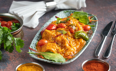 Spicy Indian chicken curry with tomato, masala, and coriander.