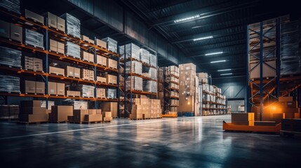 Background of a large warehouse full packaging of cardboard boxes on shelves indoors, commercial logistic cargo transportation, storehouse shipping distribution business area with no people working
