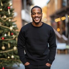 Handsome Africans Americans man wearing a black blank crewneck sweatshirt. mock up style photo. background outside at Christmas's time.